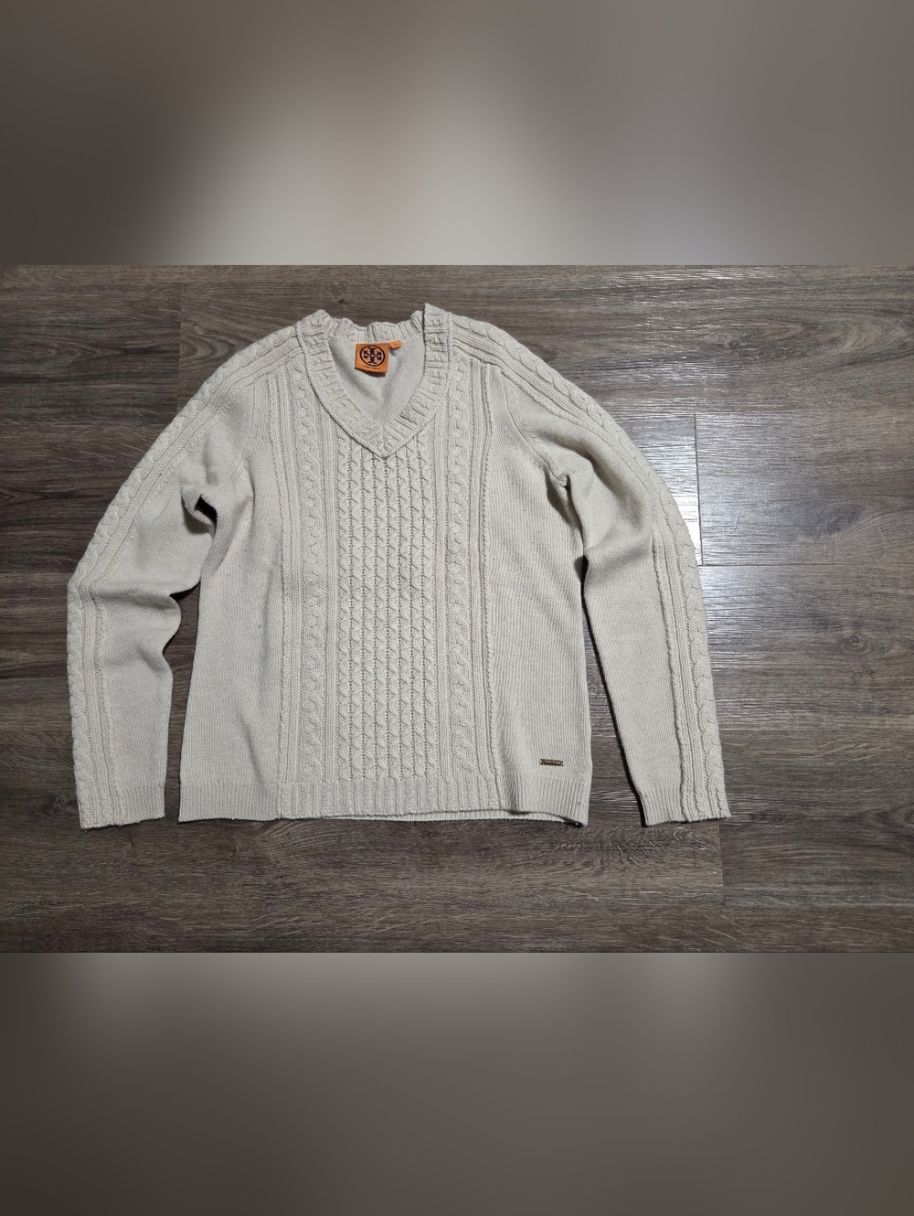 Tory Burch Cream Cashmere Blend Cable-Knit V-Neck Sweater